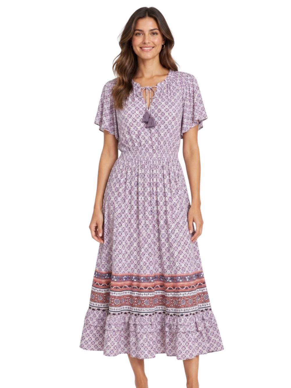 Knox Rose Maxi Dress XXL Lavender Floral Tassel Tie Border Print Cottagecore